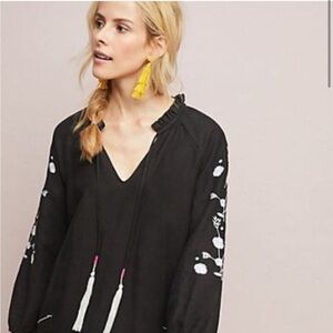 Dolan Black Long Sleeve Dress with White Embroidery from Anthropologie